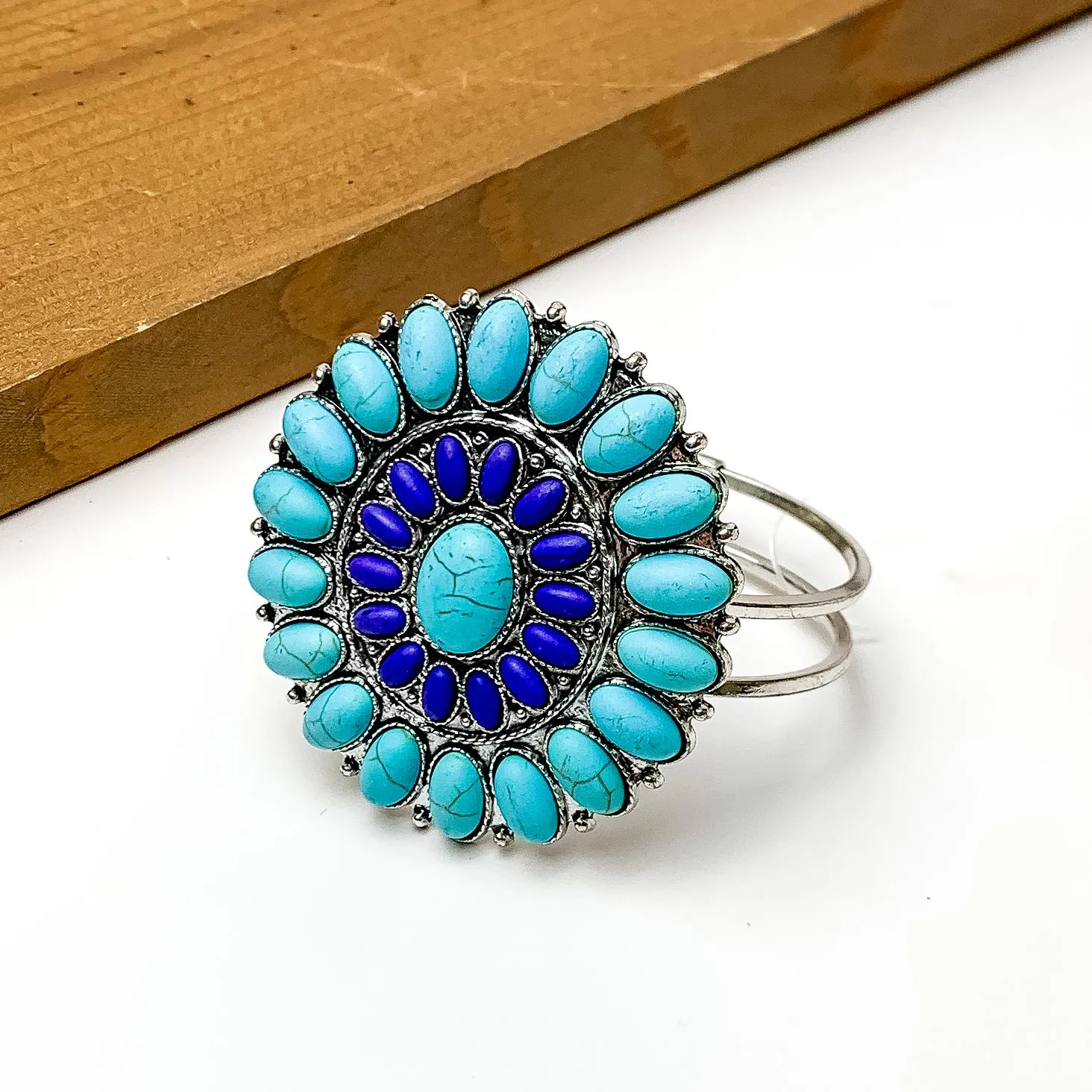 Turquoise Blue and Blue Stone Circle Concho Hinge Bracelet