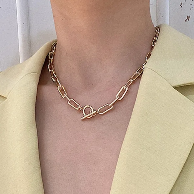 VenusFox Punk Thick Chain Heart Choker Necklace Retro Gothic Rock Gold Color Silver Color Geometric Clavicle Necklace Jewelry Gift