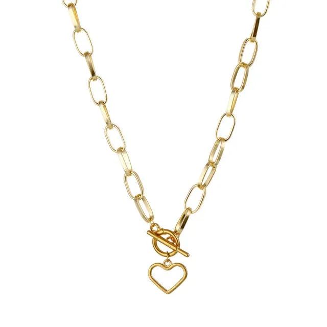 VenusFox Punk Thick Chain Heart Choker Necklace Retro Gothic Rock Gold Color Silver Color Geometric Clavicle Necklace Jewelry Gift