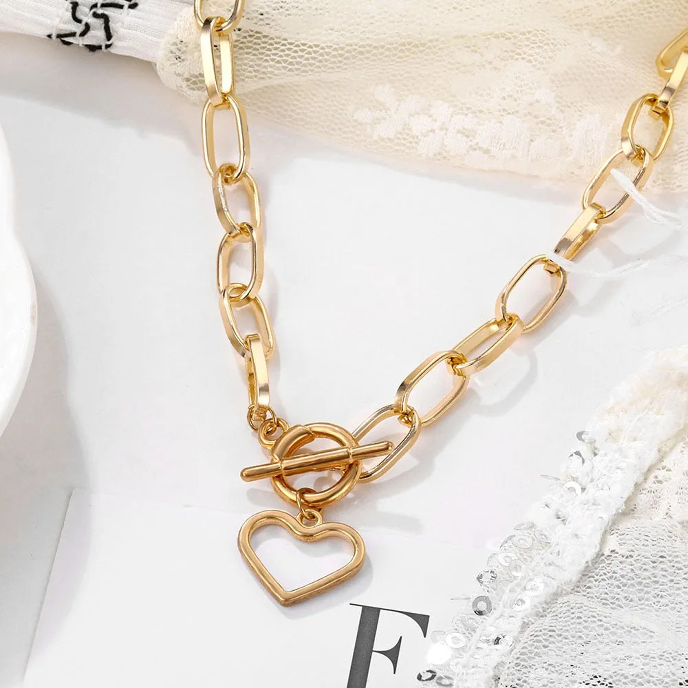 VenusFox Punk Thick Chain Heart Choker Necklace Retro Gothic Rock Gold Color Silver Color Geometric Clavicle Necklace Jewelry Gift