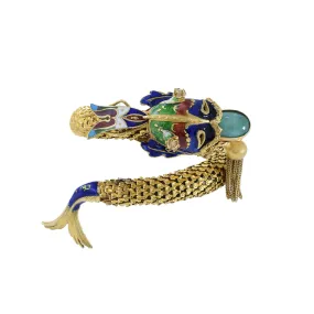 Vintage 18KT Yellow Gold Enamel And Jade Fish Bangle