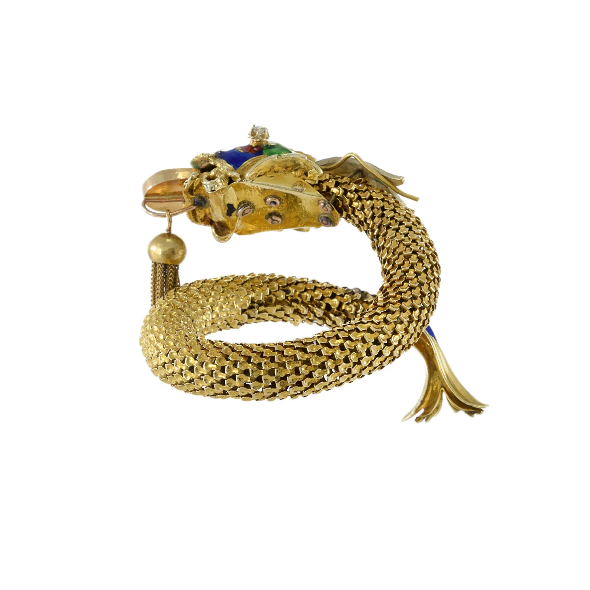 Vintage 18KT Yellow Gold Enamel And Jade Fish Bangle