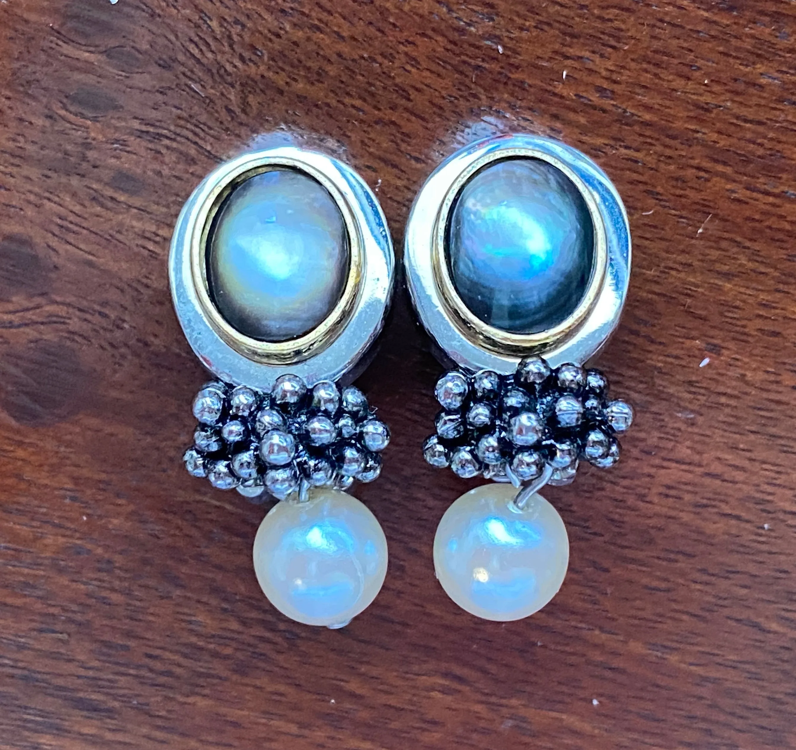 Vintage Gold Silver Tone Moonstone Faux Pearl Clip on Earrings