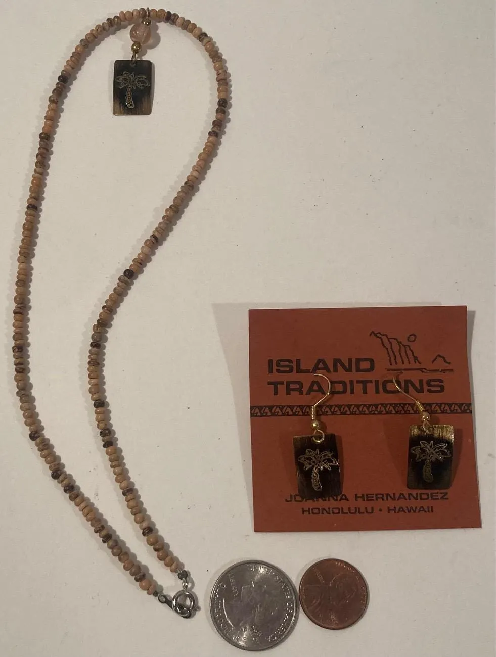 Vintage Island Traditions Choker Beaded Necklace and Earrings, Honolulu, Hawaii, Palm Tree, Quality, Hand Crafted, Jewelry