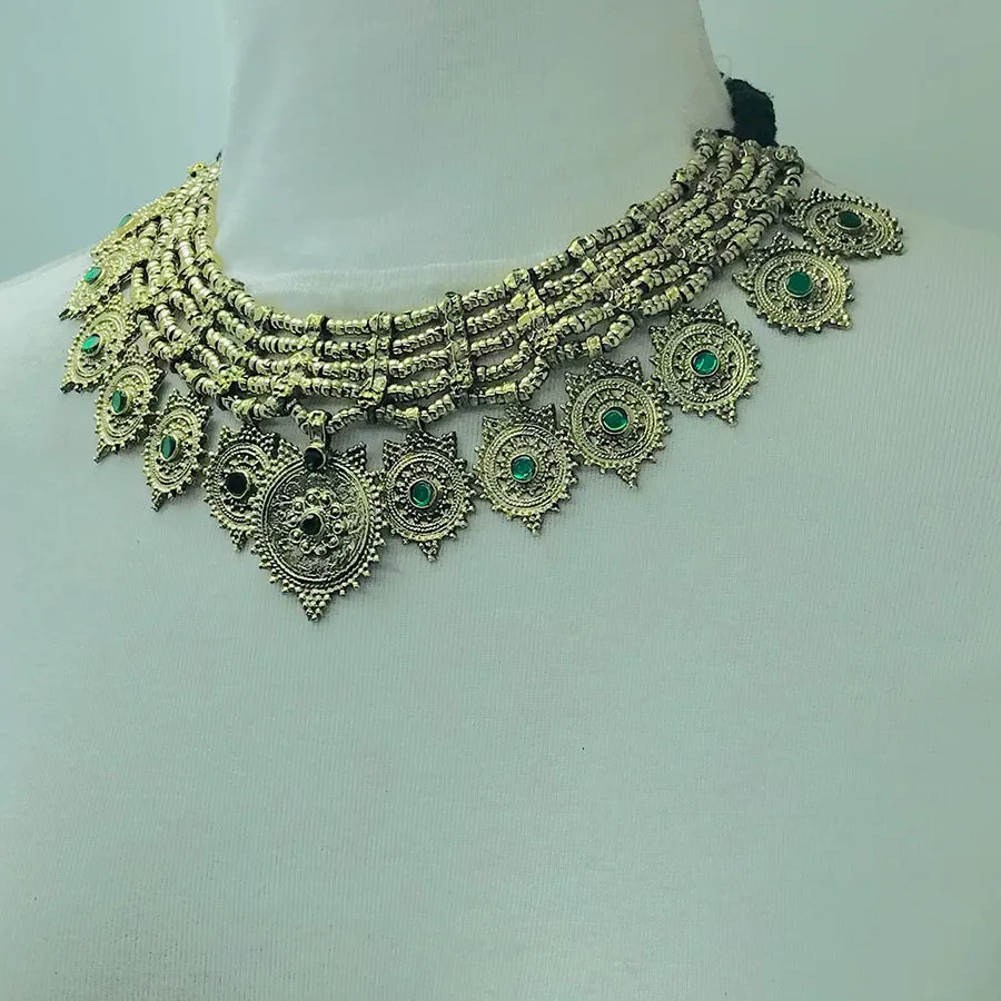 Vintage Multilayers Green Stones Coins Choker Necklace