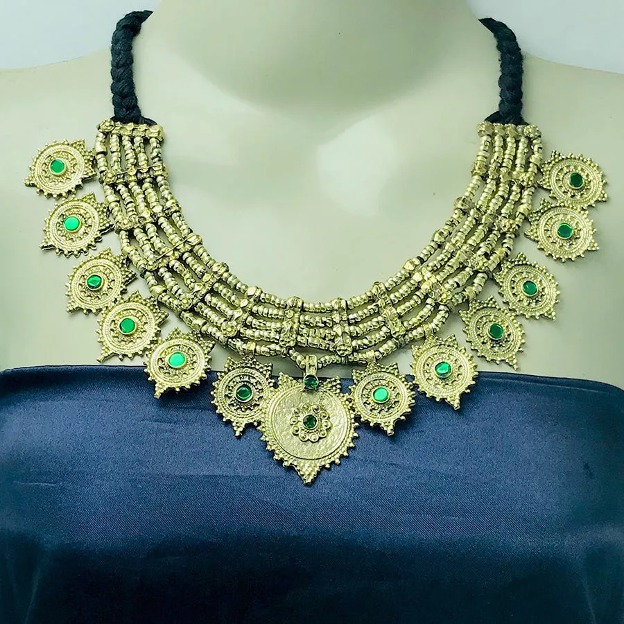 Vintage Multilayers Green Stones Coins Choker Necklace