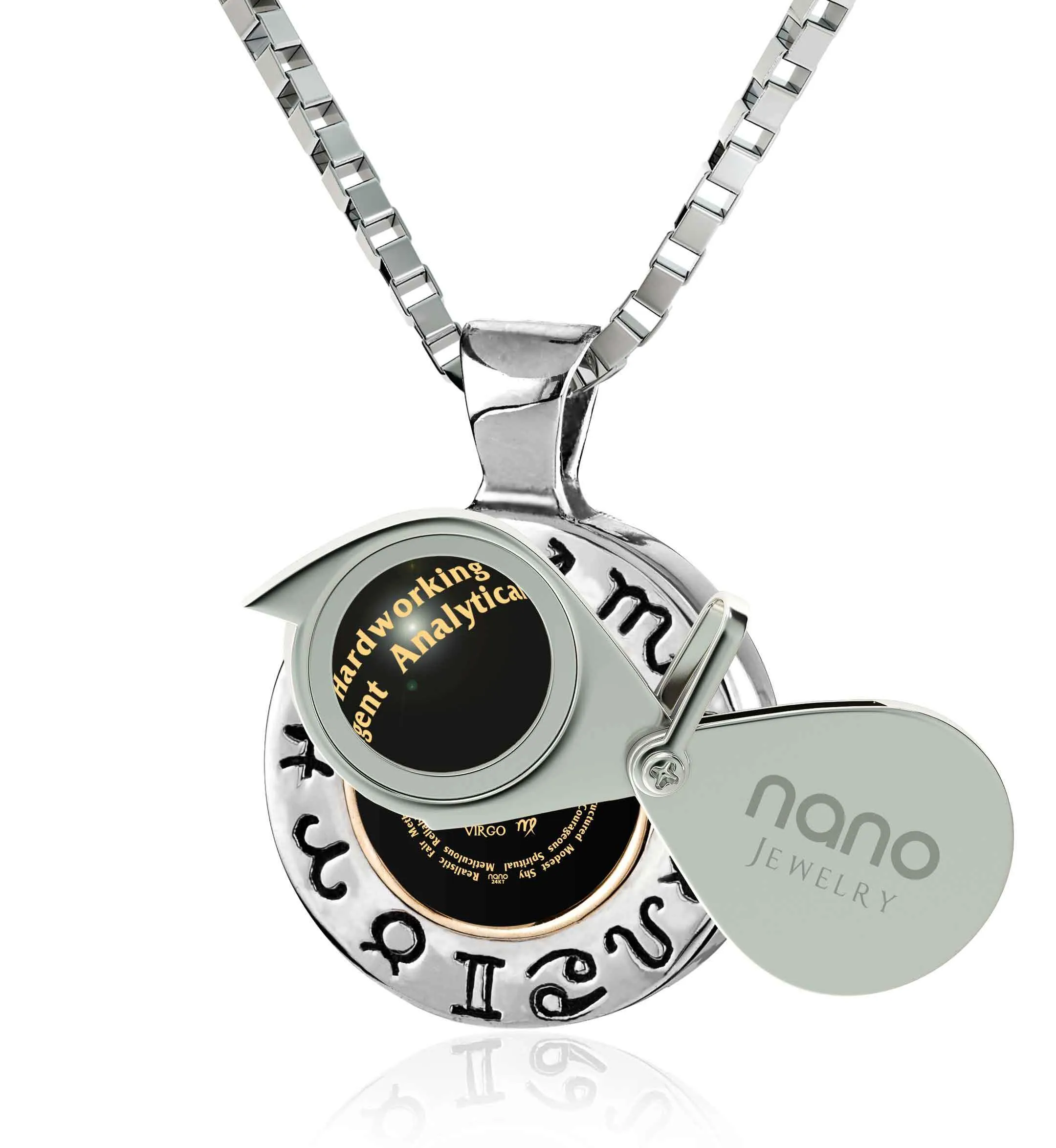 Virgo Sign, 925 Sterling Silver with 14K Gold Necklace, Onyx