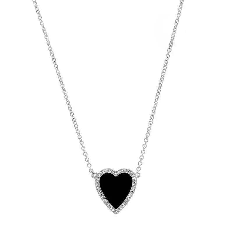 White Gold Mini Onyx Inlay Heart Necklace with Diamonds