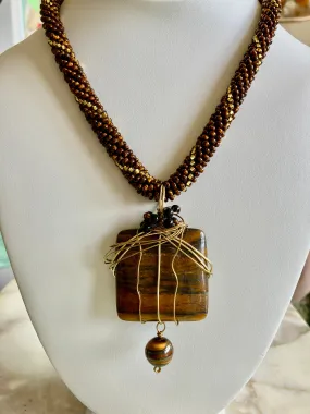 Wire Wrapped Square Tiger's Eye Pendant with Bead and Crocheted Rope