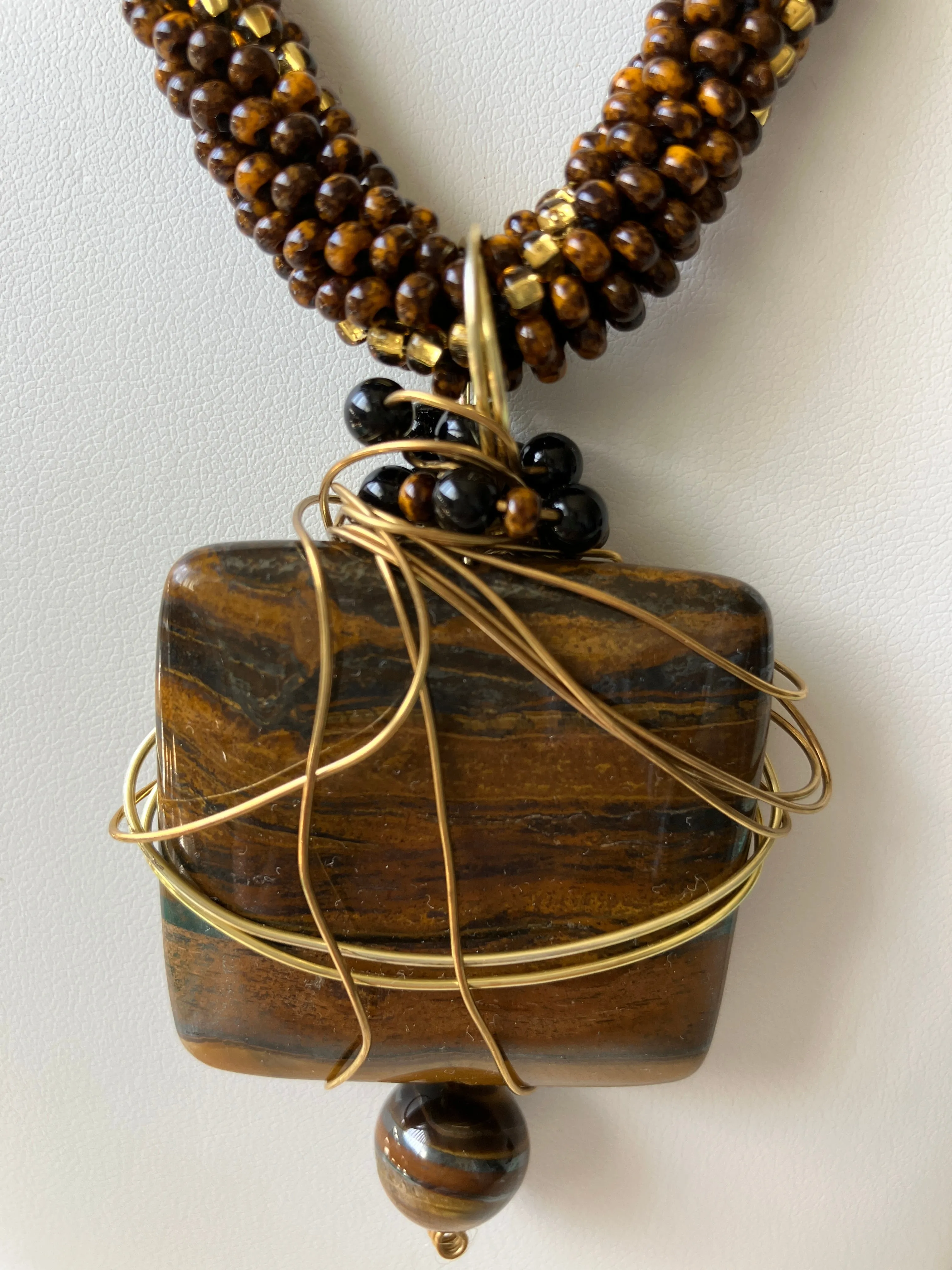 Wire Wrapped Square Tiger's Eye Pendant with Bead and Crocheted Rope