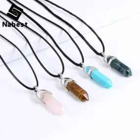 Women Men Natural Stone Hexagon Bullet Pendant Necklace Opal Onyx Labradorite Green Tanglin Wax Rope Reiki Pendulum Jewelry