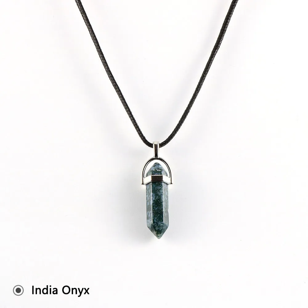 Women Men Natural Stone Hexagon Bullet Pendant Necklace Opal Onyx Labradorite Green Tanglin Wax Rope Reiki Pendulum Jewelry