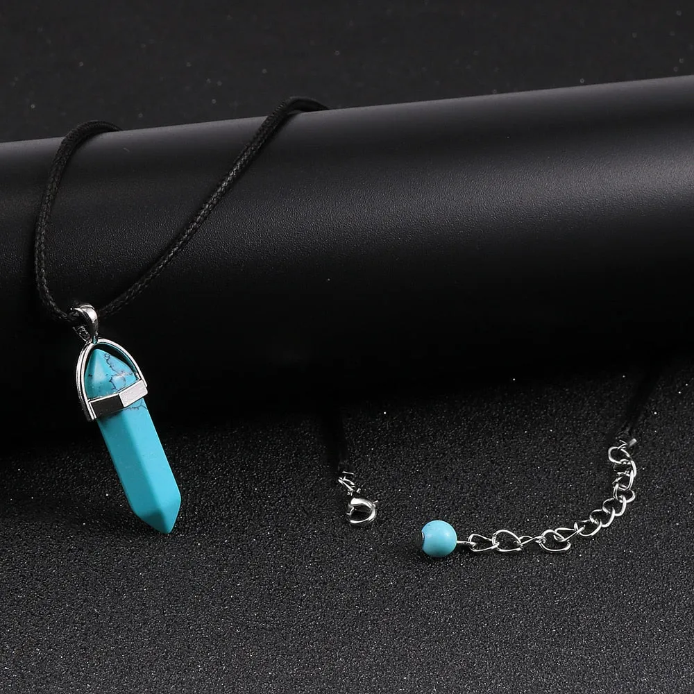 Women Men Natural Stone Hexagon Bullet Pendant Necklace Opal Onyx Labradorite Green Tanglin Wax Rope Reiki Pendulum Jewelry