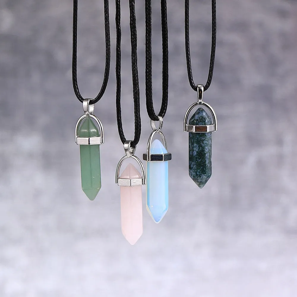 Women Men Natural Stone Hexagon Bullet Pendant Necklace Opal Onyx Labradorite Green Tanglin Wax Rope Reiki Pendulum Jewelry