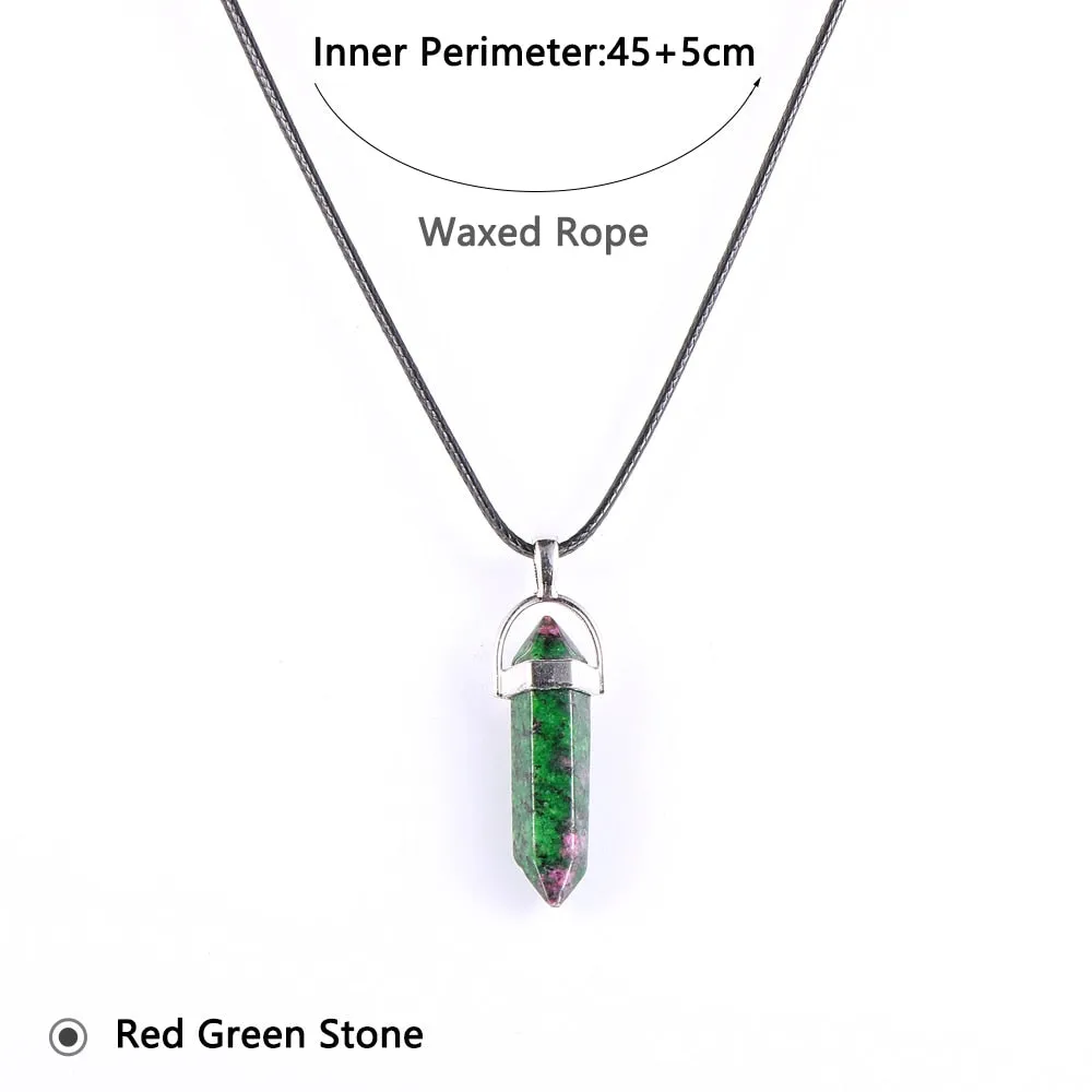 Women Men Natural Stone Hexagon Bullet Pendant Necklace Opal Onyx Labradorite Green Tanglin Wax Rope Reiki Pendulum Jewelry