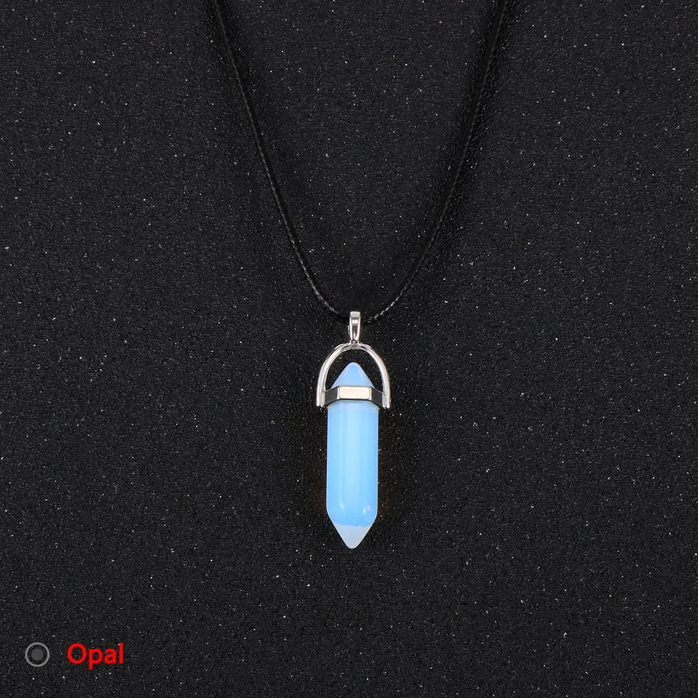 Women Men Natural Stone Hexagon Bullet Pendant Necklace Opal Onyx Labradorite Green Tanglin Wax Rope Reiki Pendulum Jewelry