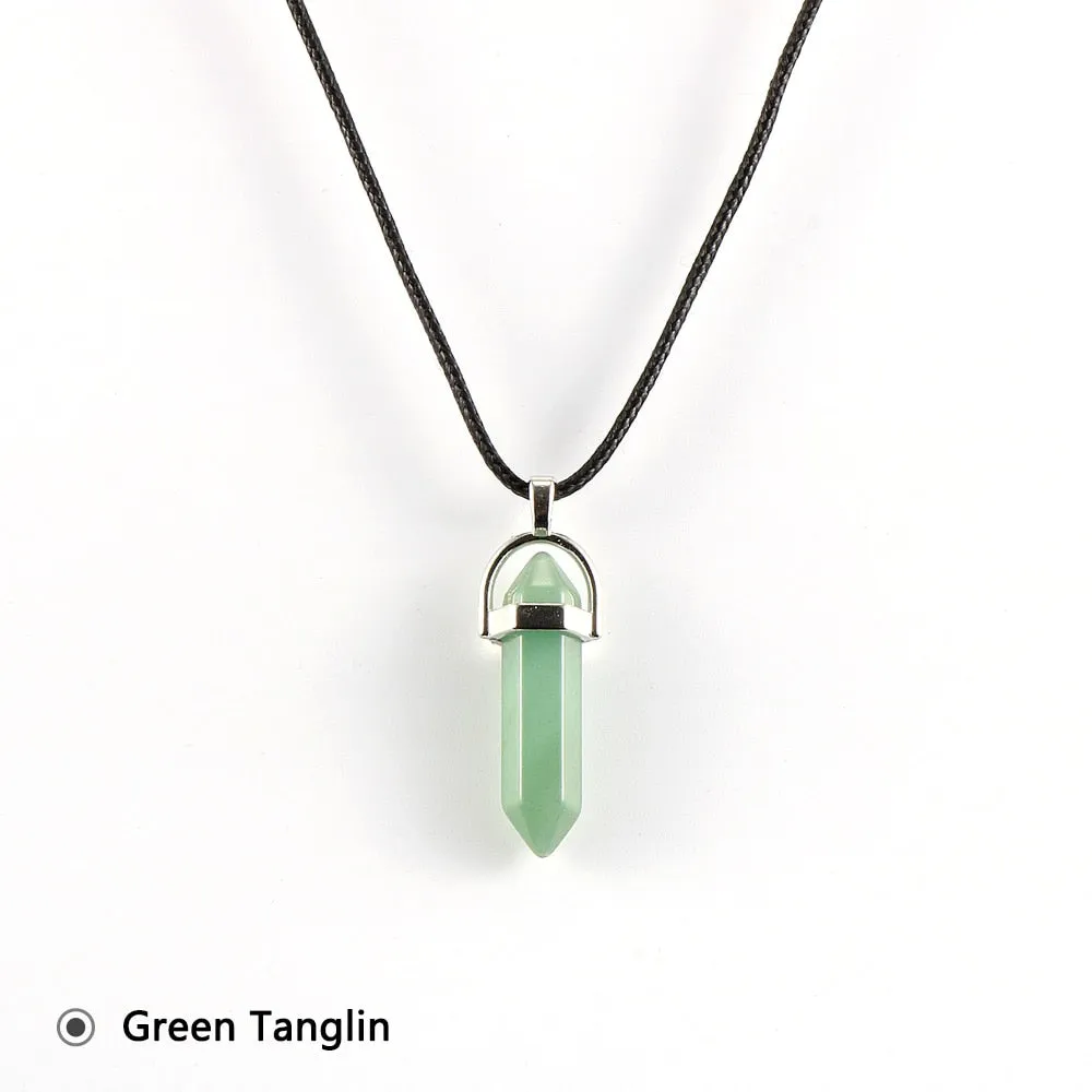 Women Men Natural Stone Hexagon Bullet Pendant Necklace Opal Onyx Labradorite Green Tanglin Wax Rope Reiki Pendulum Jewelry