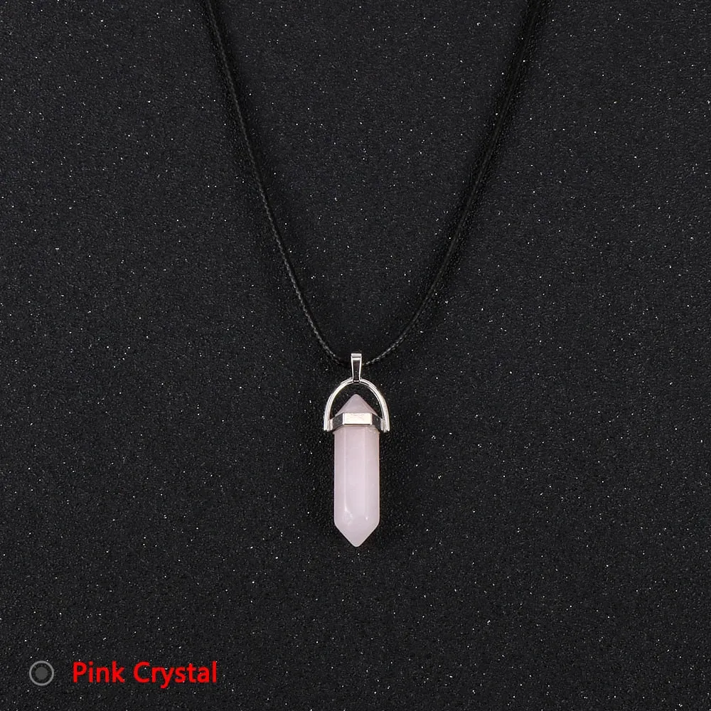 Women Men Natural Stone Hexagon Bullet Pendant Necklace Opal Onyx Labradorite Green Tanglin Wax Rope Reiki Pendulum Jewelry