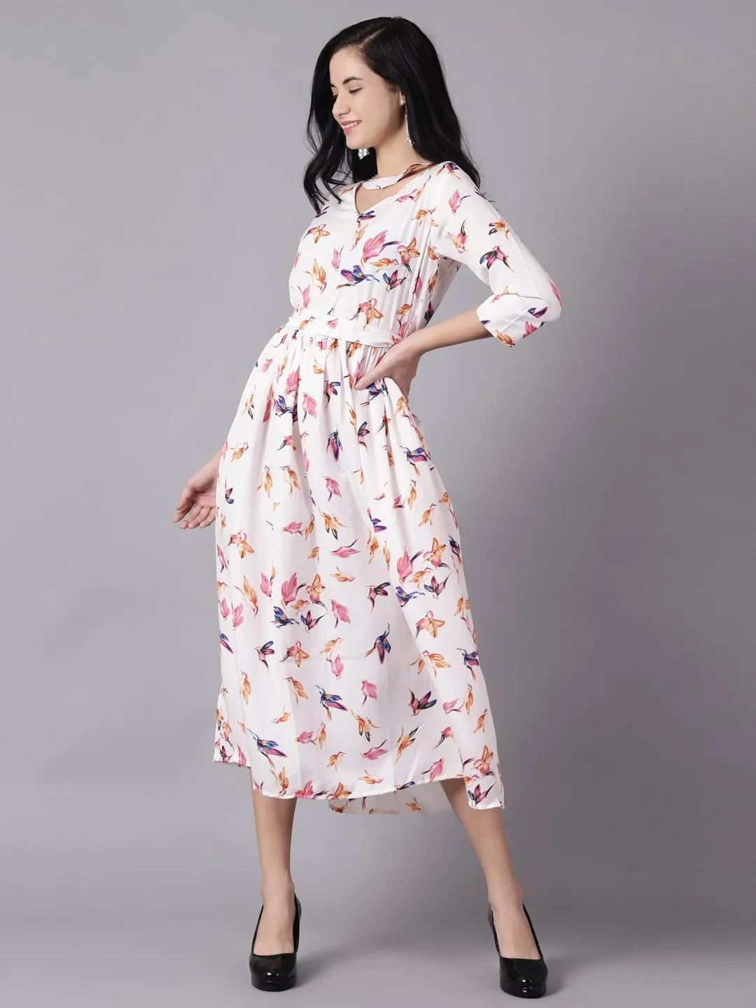 Women Off-White Floral Printed Choker Neck A-Line Dress