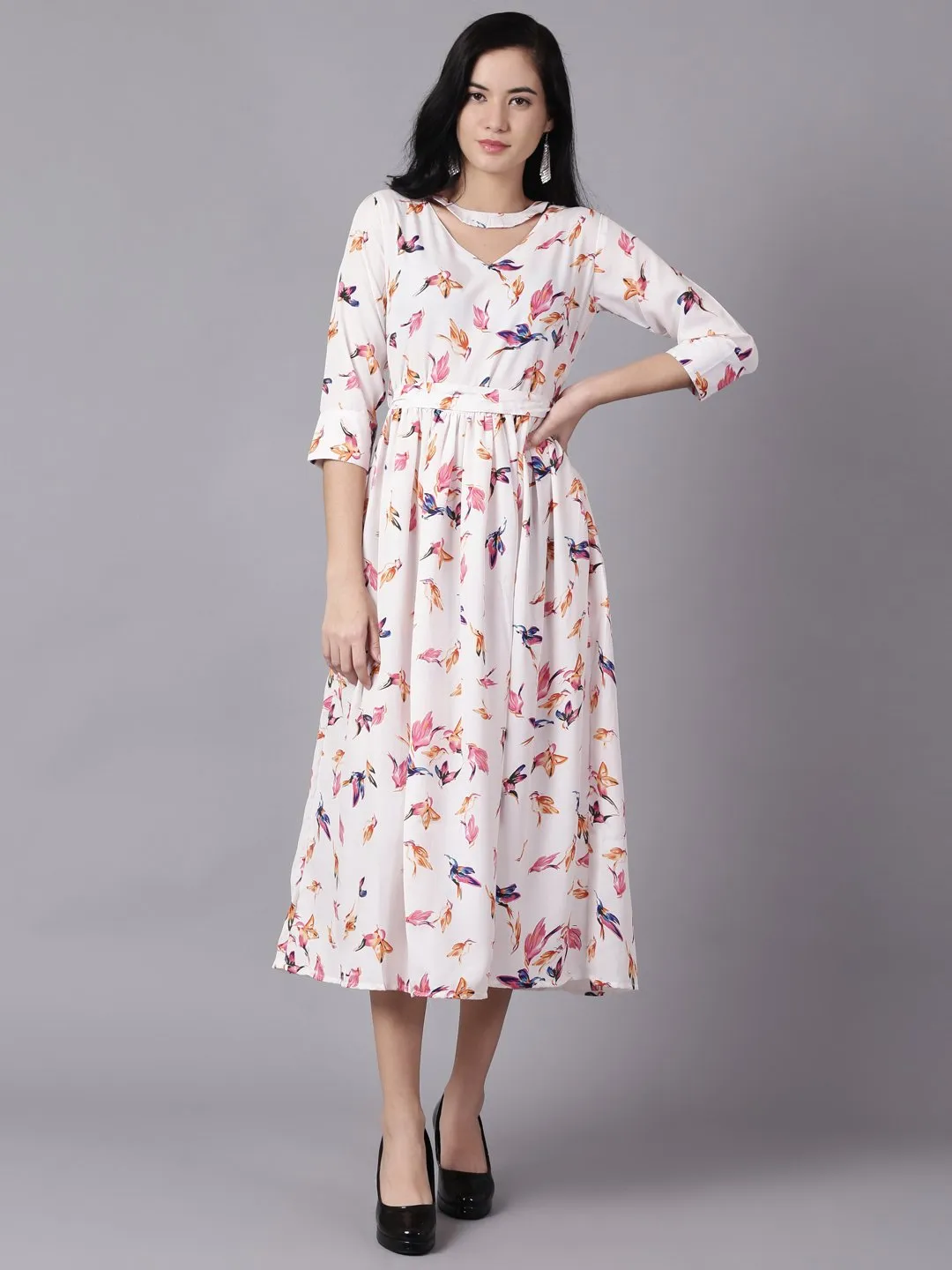 Women Off-White Floral Printed Choker Neck A-Line Dress