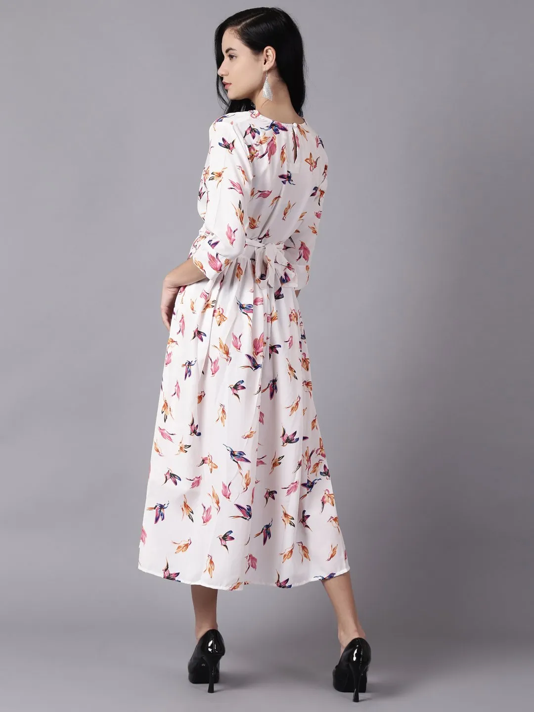 Women Off-White Floral Printed Choker Neck A-Line Dress