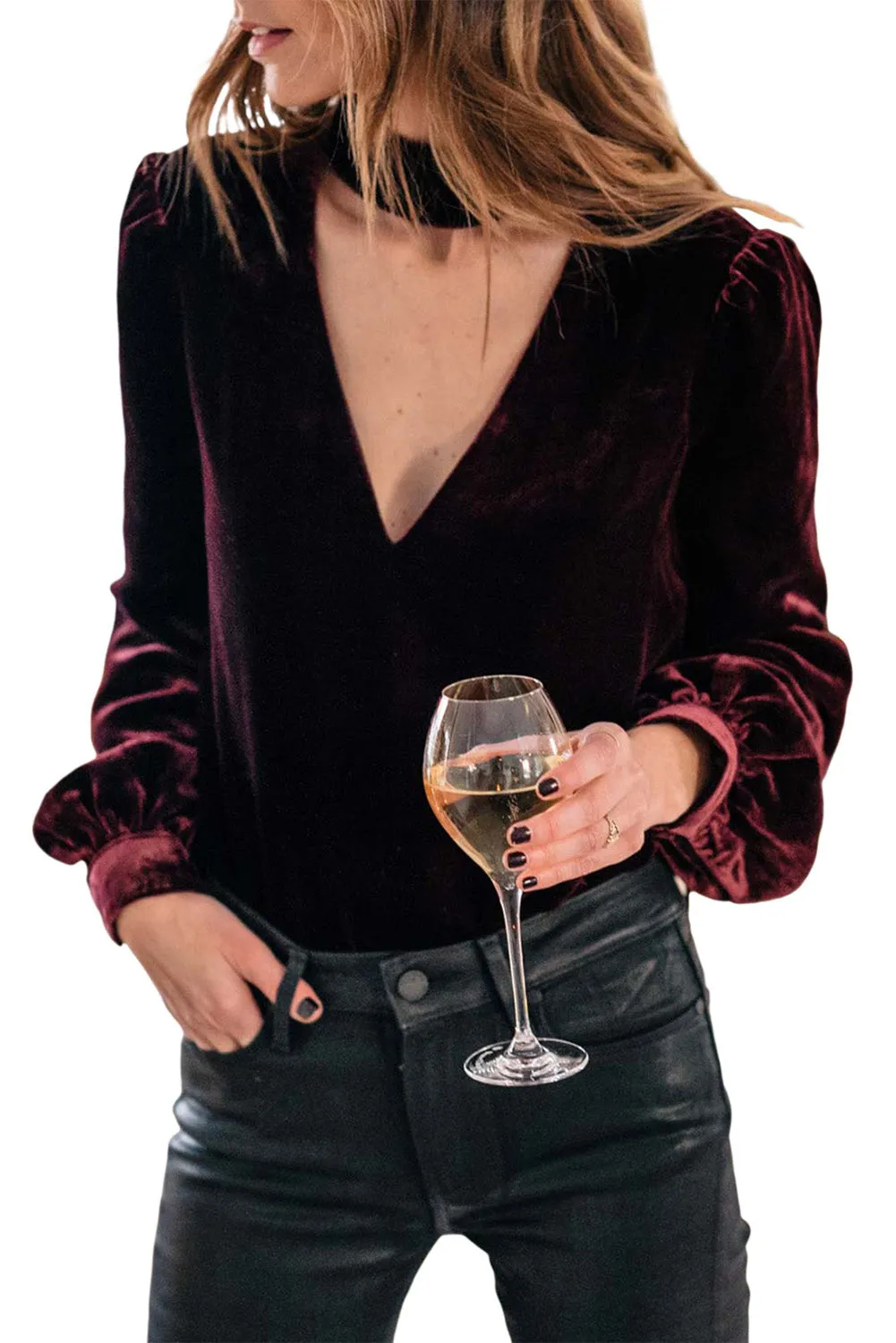 Women's Choker Neck Hollow-out Velvet Blouse