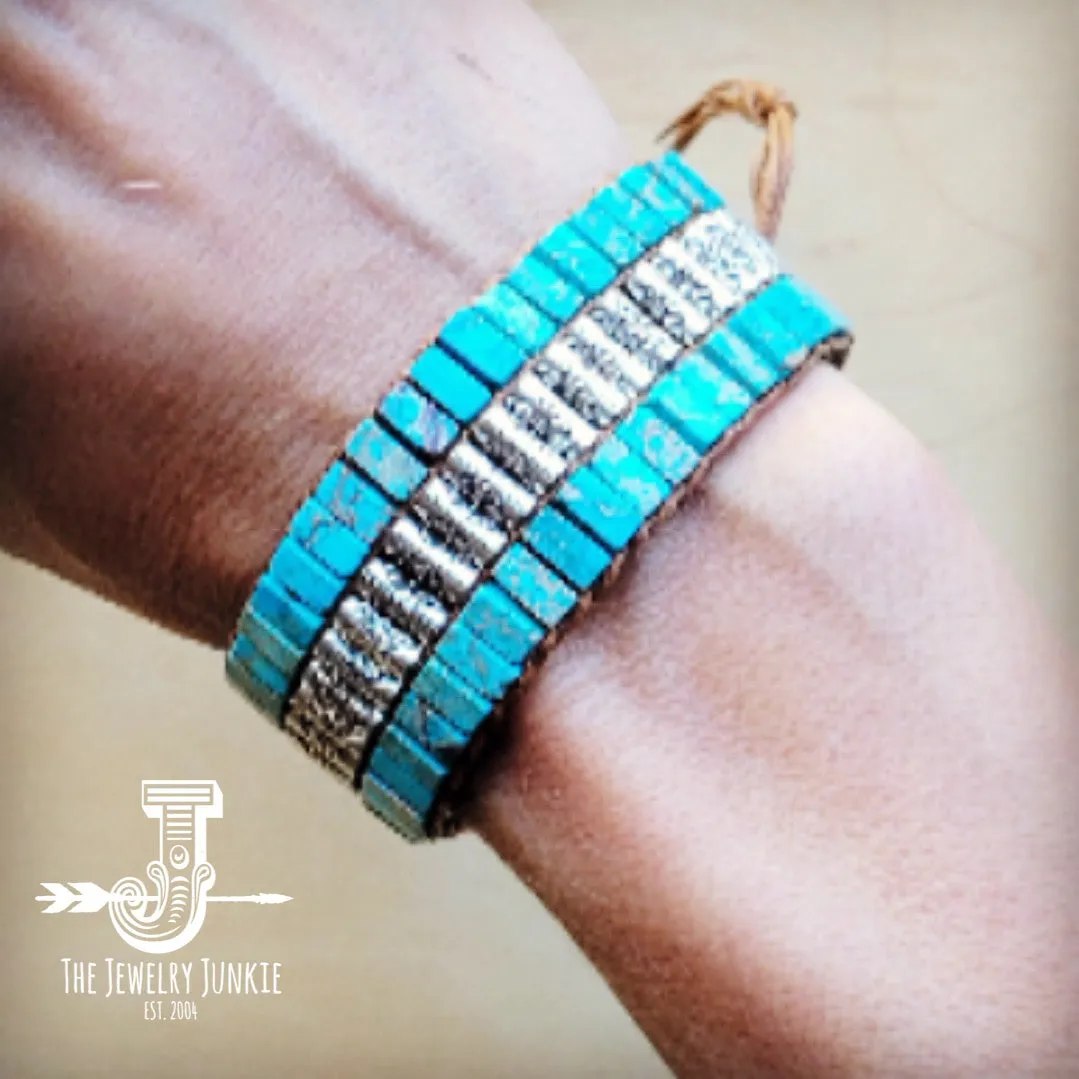 Woven Regalite Stacked Stone Bracelet in Turquoise & Silver 809p