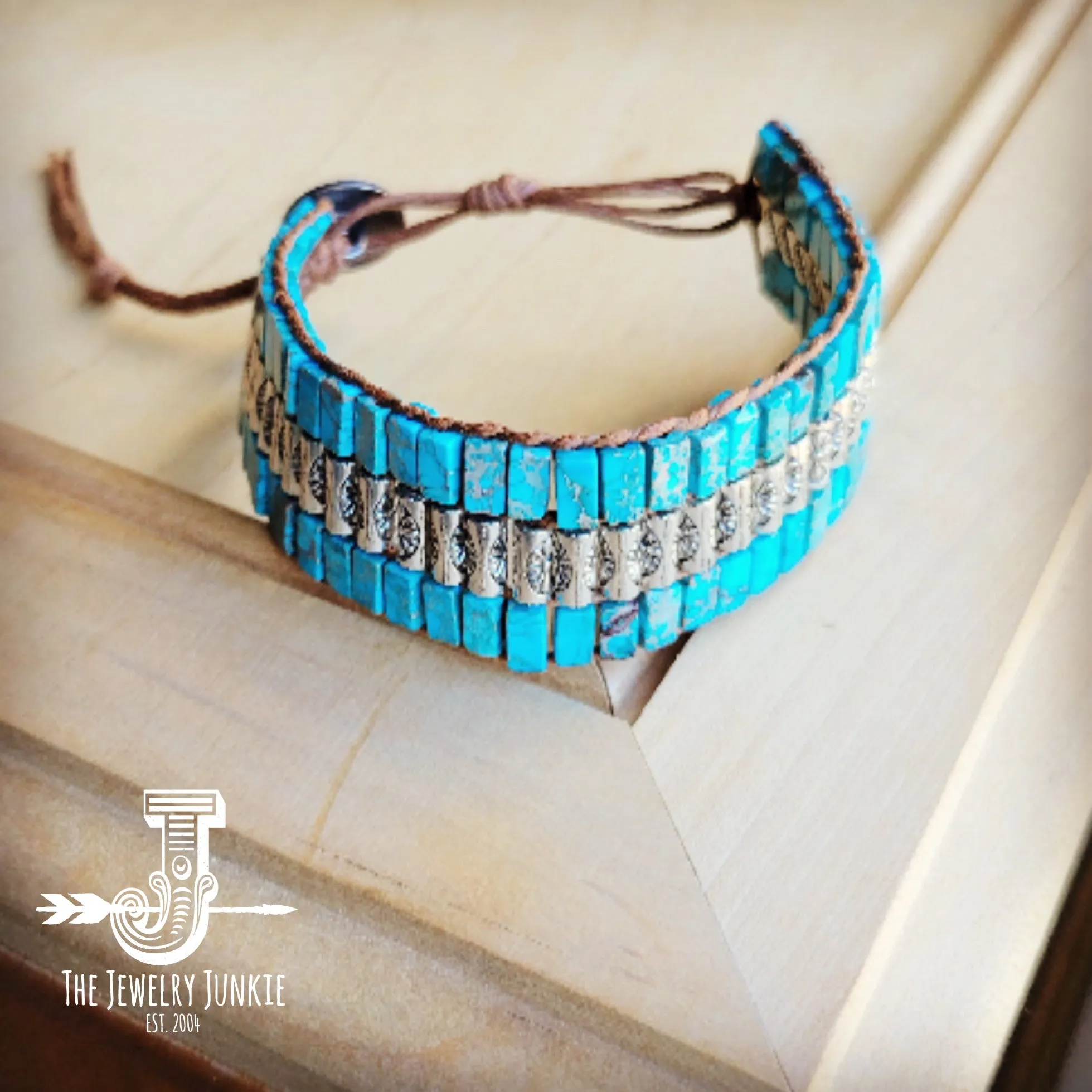 Woven Regalite Stacked Stone Bracelet in Turquoise & Silver 809p