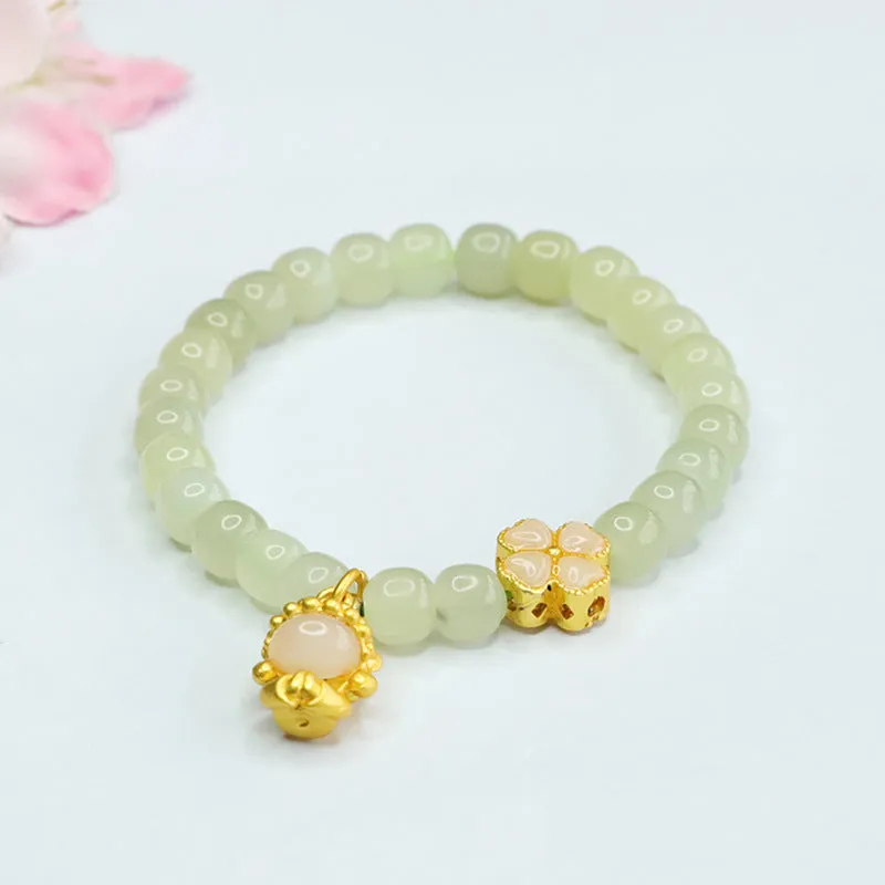 Xiaofo Four Leaf Grass Sterling Silver Bracelet with Natural Hotan Jade