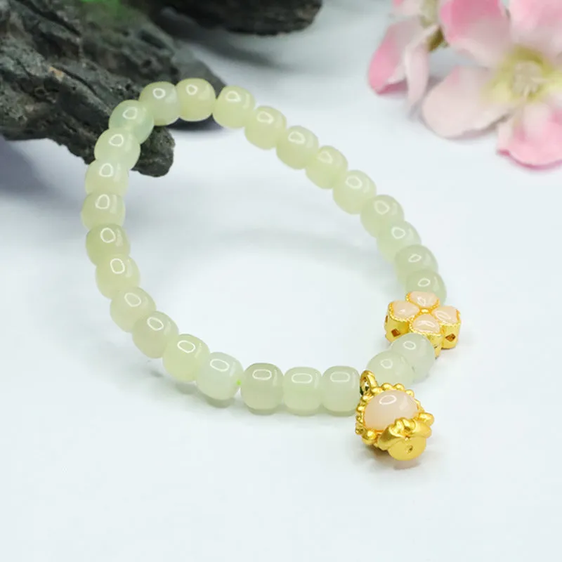 Xiaofo Four Leaf Grass Sterling Silver Bracelet with Natural Hotan Jade