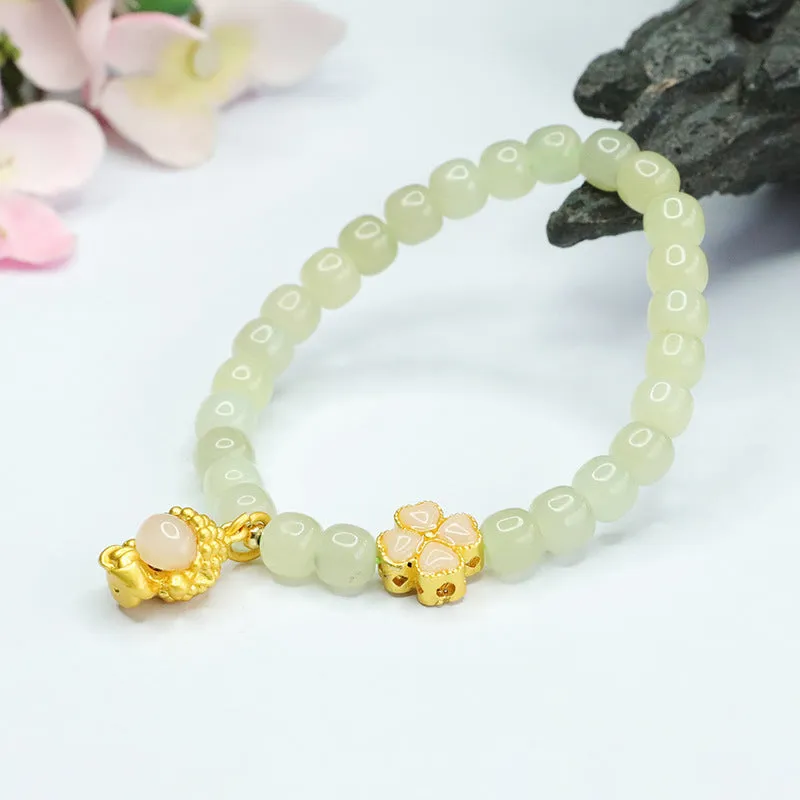 Xiaofo Four Leaf Grass Sterling Silver Bracelet with Natural Hotan Jade