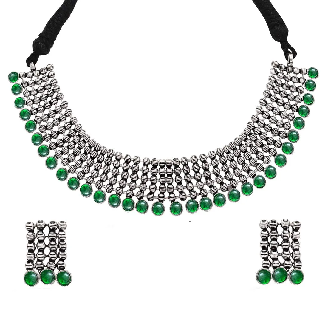 Yellow Chimes Classic German Silver Oxidised Jewellery Set Designer HandCrafted Traditional Choker Necklace Set for Women & Girls (Green)